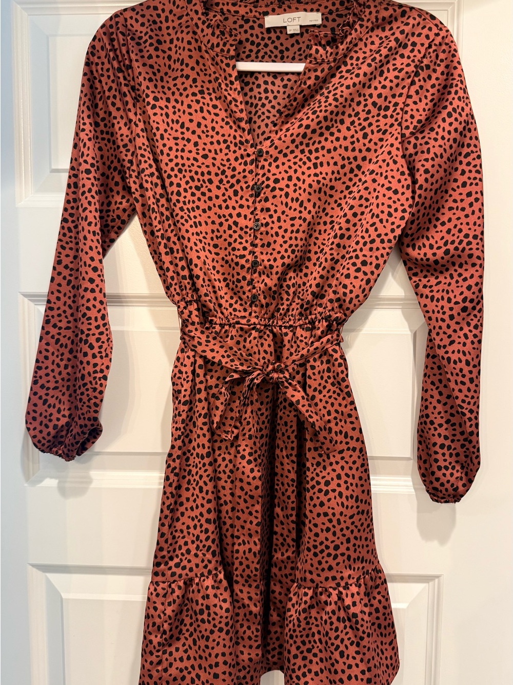 LOFT Rust Leopard-Spot Button Front Tie-Waist Long Sleeve Dress